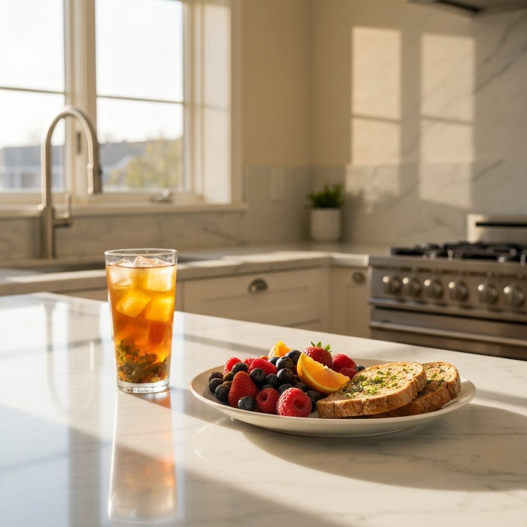 Morning nutrition setup with tea and fresh fruits in natural light